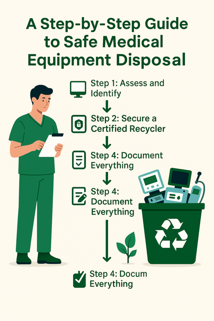 Illustration of step-by-step safe medical equipment disposal process