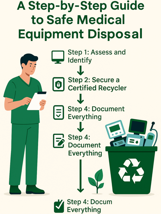 Illustration of step-by-step safe medical equipment disposal process
