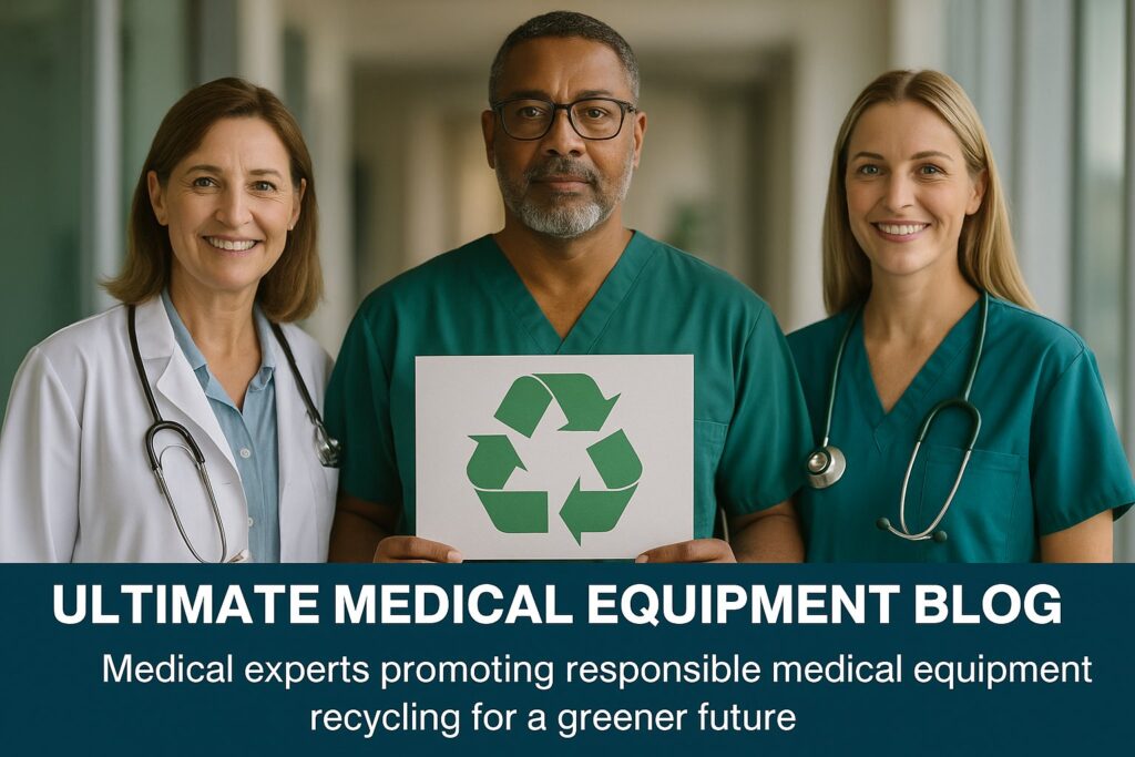 Ultimate Medical Equipment Recycling Blog - Three healthcare professionals with recycling symbol